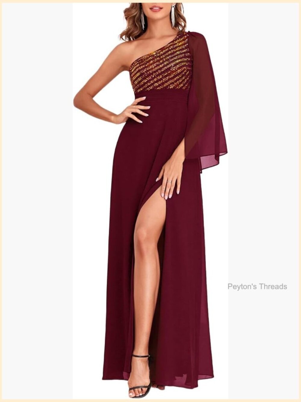 One Shoulder Sequin Chiffon Maxi Dress Formal Evening Gown Split